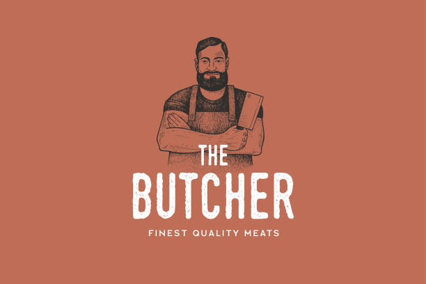Hand-drawing of man butcher in retro engraving style. Template of emblem for grill restaurant, menu of steak house, for packaging in markets and in stores. Vector vintage illustration.