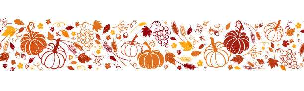 Cute hand drawn Thanksgiving seamless patten with leaves, pumpkins and decoration. Great for autumn themes, textiles, banners, wallpapers - vector design Cute hand drawn Thanksgiving seamless patten with leaves, pumpkins and decoration. Great for autumn themes, textiles, banners, wallpapers - vector design thanksgiving holiday backgrounds stock illustrations