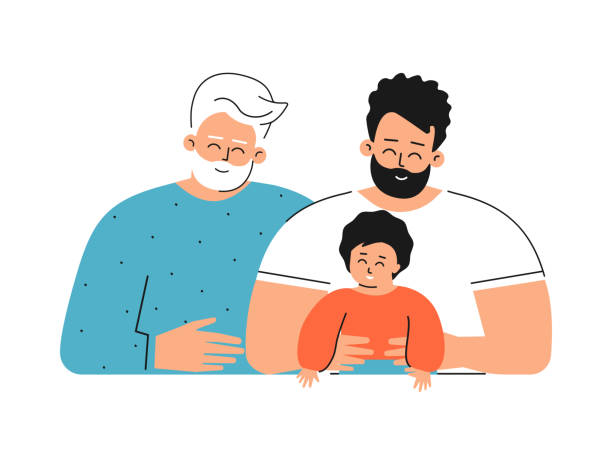 Vector isolated concept for Father's day. Multigenerational family. Daddy is young adult man, he hugs his cute little kid, senior grandfather smiles Vector isolated concept for Father's day with flat cartoon characters. Multigenerational family. Daddy is handsome young adult man, he hugs his cute little kid, happy senior grandfather smiles father son grandfather fathers day stock illustrations