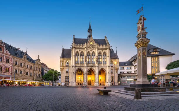Panorama of Fischmarkt square with historic Town Hall in Erfurt stock photo