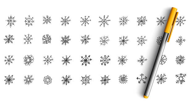 Snowflakes doodle set Snowflakes doodle set. Collection of pen pencil ink hand drawn sketches templates pattern of frozen water drops isolated in line. Winter snowfall and christmas or new year symbol illustration. snowflake shape drawings stock illustrations