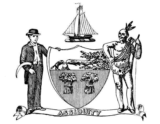 antyczne ilustracje historycznych miast środkowych państw: albany, seal - indian symbol stock illustrations