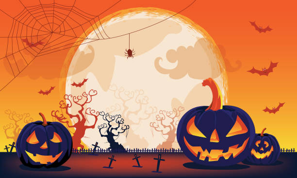 halloween fullmoon banner, czarownica, haunted house, plaster dynie i bats.happy halloween fioletowy banner trick lub traktować z pełni księżyca ilustracja wektor płaski projekt - pumpkin patch stock illustrations