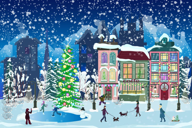 stockillustraties, clipart, cartoons en iconen met de stad van de winter in de decoratie van kerstmis. een feestelijke stad met sneeuwval, feeënhuizen en een kerstboom. mensen lopen, schaatsen, ontspannen. vectorillustratie in een beeldverhaalstijl. - cafe snow