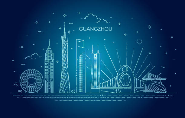 guangzhou skyline, vektor-illustration im linearen stil - guangzhou stock-grafiken, -clipart, -cartoons und -symbole