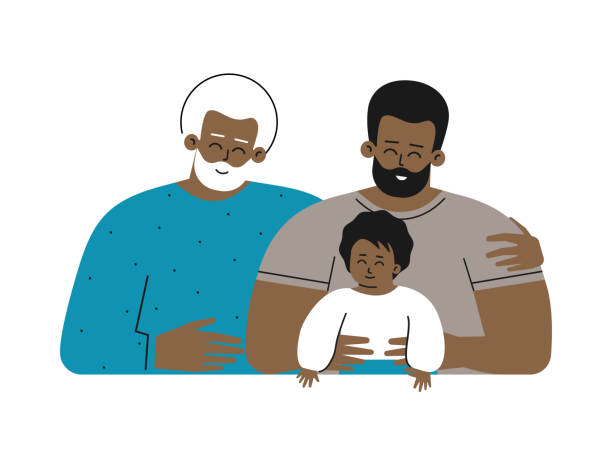 Vector concept for Father's day with flat cartoon characters. Multi generational african american family. Dad is young adult man hugging his baby, senior grandfather smiles Vector isolated concept for Father's day with flat cartoon characters. Multi generational african american family. Dad is happy young adult man hugging his cute little baby, senior grandfather smiles senior citizen day stock illustrations