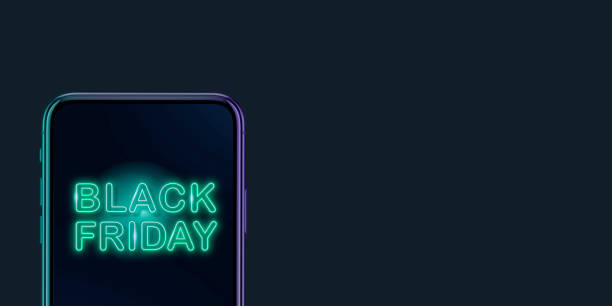istock Device with neon lettering, black friday, sales concept. Flyer with copyspace. Dark neoned background 1281450087