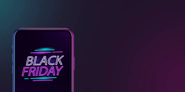 Device with neon lettering, black friday, sales concept. Flyer with copyspace. Dark neoned background