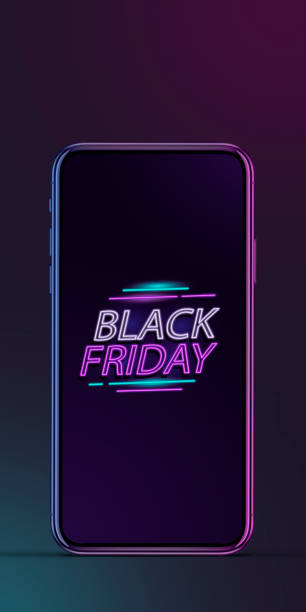 istock Device with neon lettering, black friday, sales concept. Flyer with copyspace. Dark neoned background 1281450090