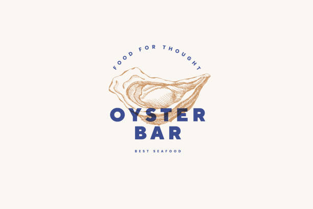 Hand-drawn oyster shell. Hand-drawn oyster shell vector illustration. Logo template for fish restaurant menu or seafood bar. Emblem of delicacy in the engraving style on a light background. oyster stock illustrations