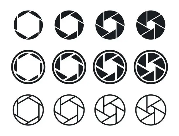 Vector illustration of Set of aperture icons. Camera lens diaphragm symbols. Camera shutter signs.