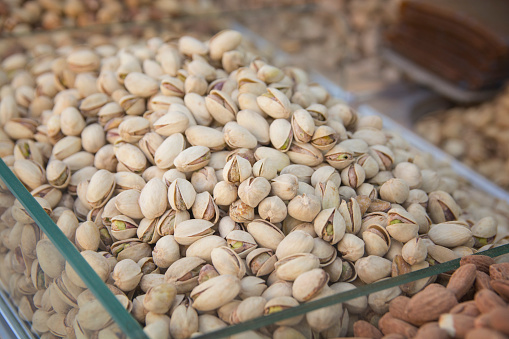 A pile of salted Pistachio for sale, in the Mahane Yehuda Market, Jerusalem, Israel