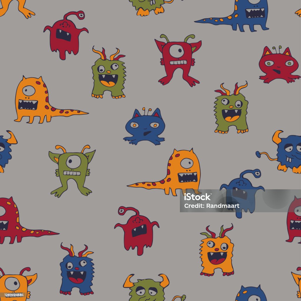 Mô Hình Vector Liền Mạch Với Quái Vật Hoạt Hình Trên Nền Màu Xám ...