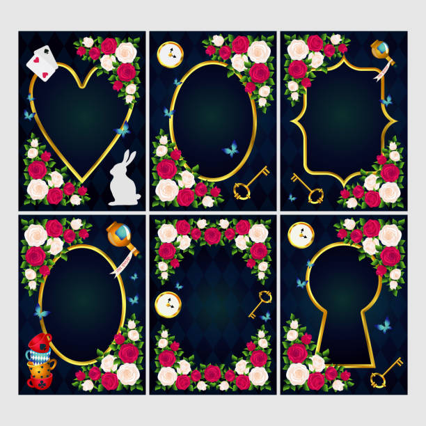 Red  roses and white roses, clock and key, white rabbit, potion, tea cup, butterflies. Set of Wonderland background. Rose flower frame, keyhole frame, oval frame and heart frame. vector illustration Red  roses and white roses, clock and key, white rabbit, potion, tea cup, butterflies. Set of Wonderland background. Rose flower frame, keyhole frame, oval frame and heart frame. vector illustration clock borders stock illustrations