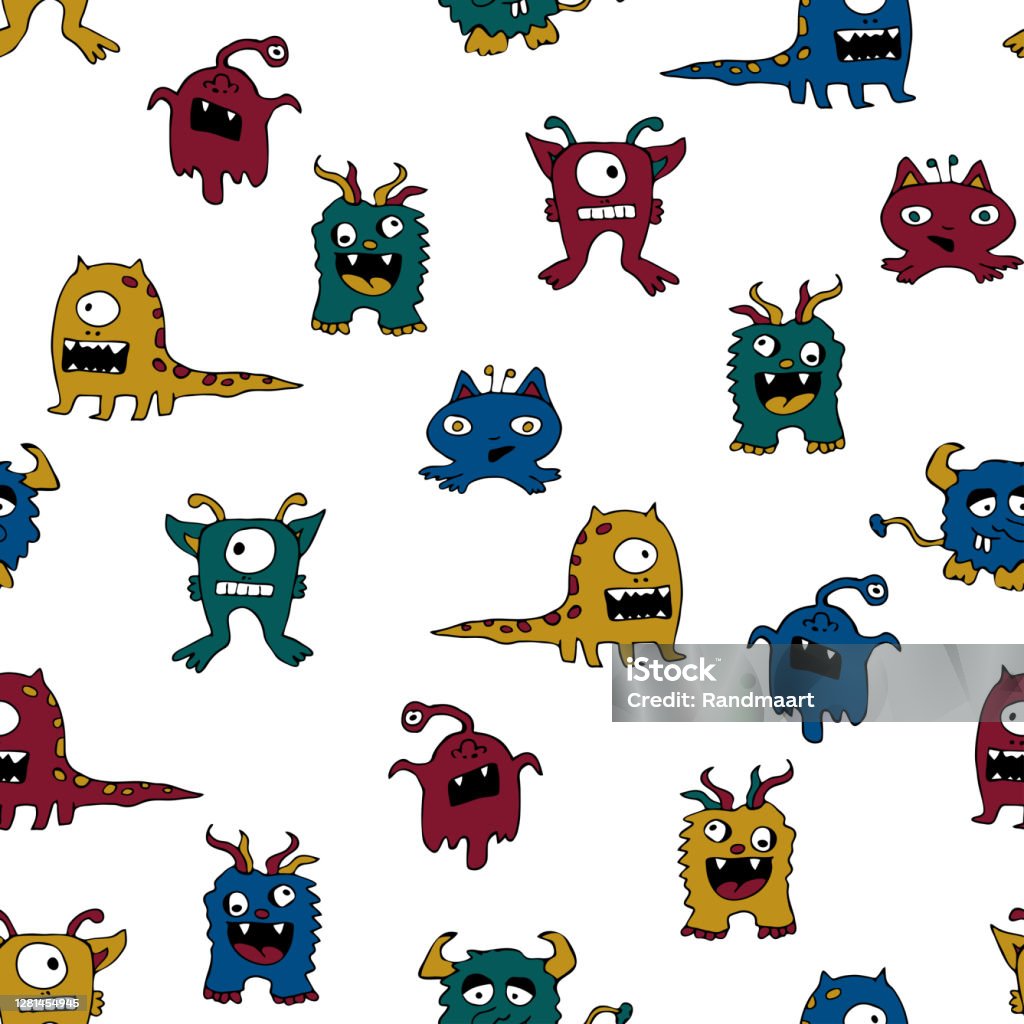 Mô Hình Vector Liền Mạch Với Các Quái Thú Vẽ Tay Trên Nền Trắng ...