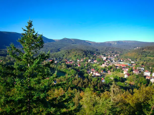 Aerial view of Karpacz city and the Karkonosze Mountains at summer, Poland