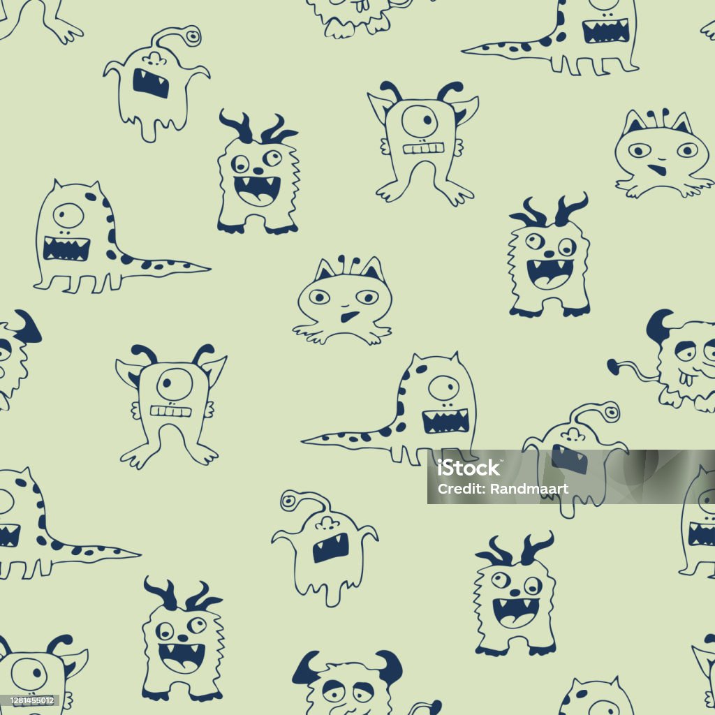 Mô Hình Vector Liền Mạch Với Quái Vật Vẽ Tay Trên Nền Màu Xanh ...