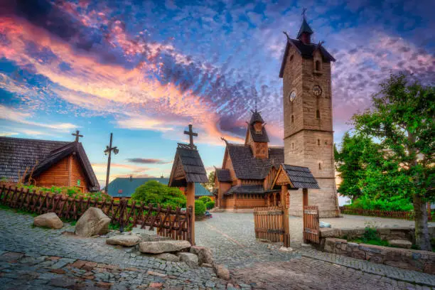 Beautiful Vang Stave Church in karpacz at sunset, Poland