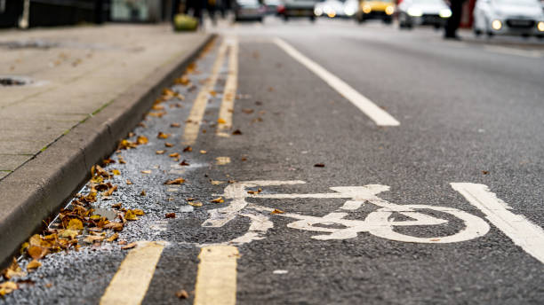 istock Bicycle lane sign painted on road 1281455565