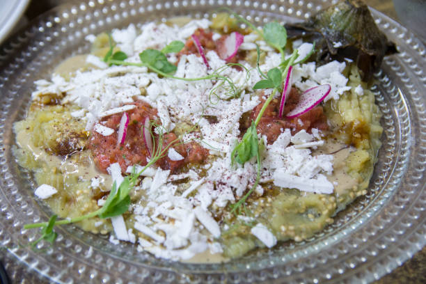 traditional israeli eggplant salad dish, with feta cheese and radish, served on a glass plate - eggplant dip baba ghanoush middle eastern cuisine imagens e fotografias de stock