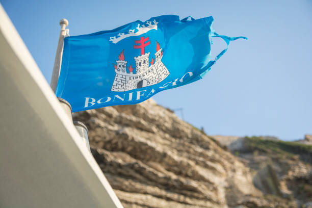 Blue flag of Bonifacio, a commune at the southern tip of the island of Corsica, France stock photo