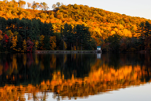 Sharon Ct, USA Fall foliage and autumn colors at a lake.