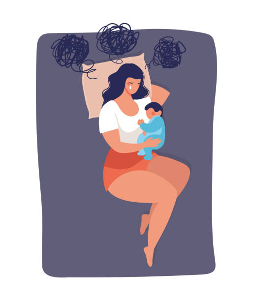 Concept illustration about postpartum depression, worry, and anxiety of a young mom. The woman sleeps with a baby on the bed and cries. Vector illustration isolated on white background. Concept illustration about postpartum depression, worry, and anxiety of a young mom. The woman sleeps with the child on the bed and cries. Vector illustration isolated on white background crying baby cartoon stock illustrations