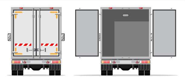 lkw-anhänger rückansicht seite - truck semi truck vehicle trailer rear view stock-grafiken, -clipart, -cartoons und -symbole