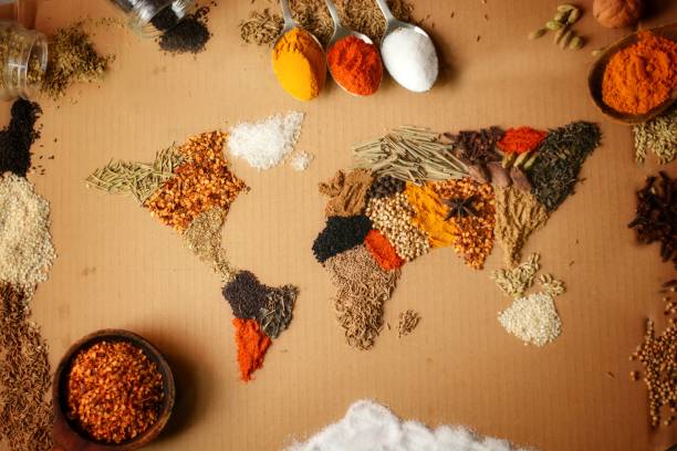 Spice world A world map made from spices used in kitchen seasoning stock pictures, royalty-free photos & images