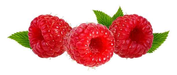 istock Raspberries with leaves isolated on white background 1281461674