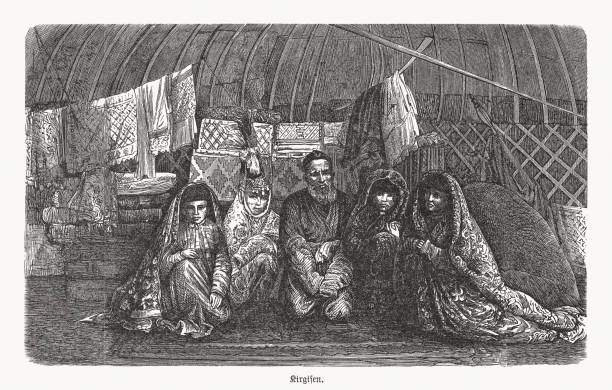 Kyrgyz people in teh past, wood engraving, published in 1893 Kyrgyz people in the past - Turkic ethnic group native to Central Asia, primarily Kyrgyzstan. Wood engraving, published in 1893. polygamy stock illustrations