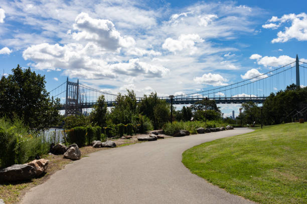 istock Empty Riverfront Path on Randalls and Wards Islands with the Triborough Bridge during the Summer in New York City 1281464900