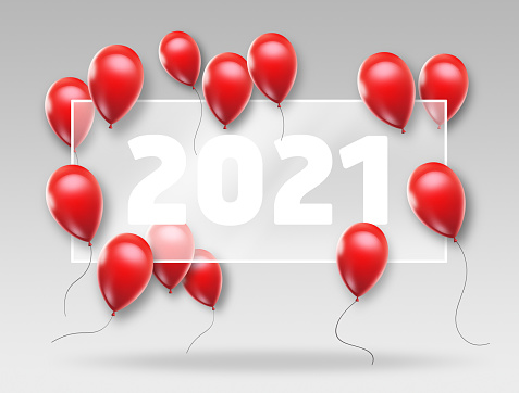 Happy New Year 2021 with red and white balloon