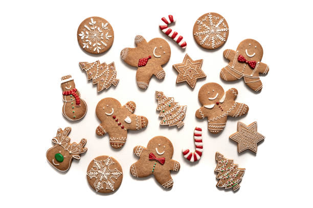 クリスマスジンジャーブレッドマンクッキー、雪だるま、星、スノーフレーク、キャンディー杖、トナカイとモミ - gingerbread cookie ストックフォトと画像