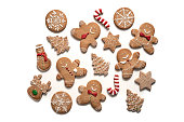 Christmas gingerbread man cookies, snowman, stars, snowflake, candy cane, reindeer and fir