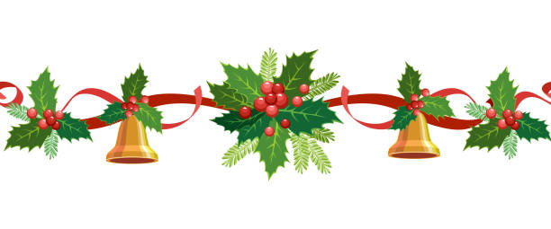 Christmas seamless border. Vector frame, garland, decoration for holiday cards, invitations, banners. Holly leaves and berries isolated on a white background. Christmas ornament. X-mas display. Christmas seamless border. Vector frame, border, decoration for holiday cards, invitations, banners. Holly leaves and berries isolated on a white background. Christmas ornament. X-mas display bow hair bow ribbon gold stock illustrations