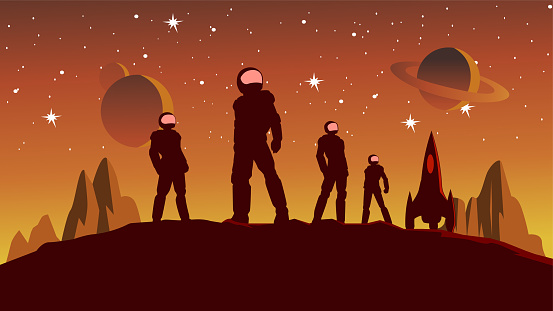 A silhouette style vector illustration of a team of astronauts standing on a planet surface with outer space in the background. Wide space available for your copy.