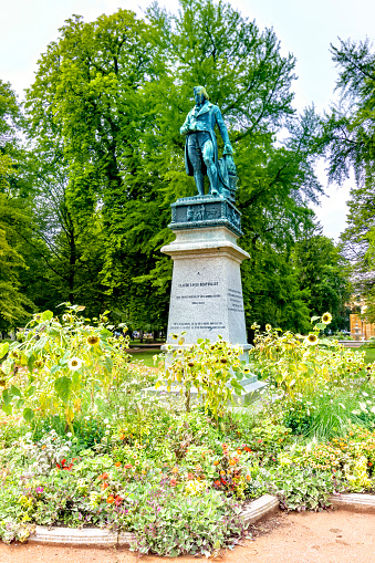 Statue of Claude Louis Barthollet by Carlo Marochetti in Annecy public park on the banks of Lake Annecy.  this was produced in 1843 and Carlo Marochetti died 29 December 1867.