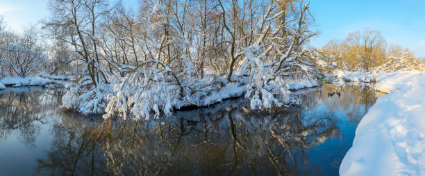 istock Frosty scene with flowing forest river on a sunny morning. 1281471021