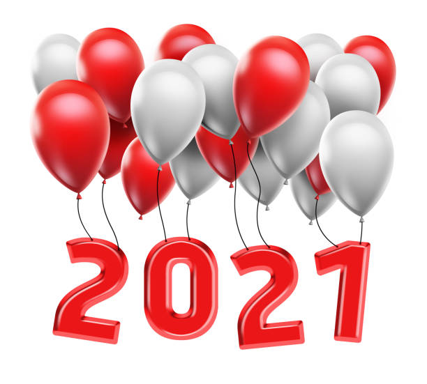 istock Happy New Year 2021 with red and white balloon 1281472722