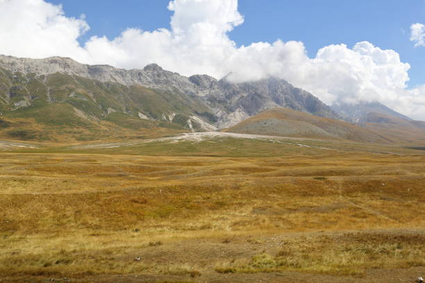 panoramiczne widoki na campo imperatore, u podnóża góry gran sasso we włoszech - apennines beauty in nature grass plateau zdjęcia i obrazy z banku zdjęć