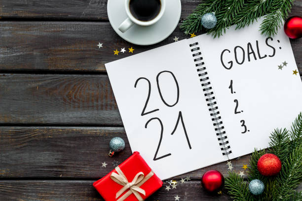 istock Inspiration concept - New Years goals written in notebook on a table, flat lay 1281473670