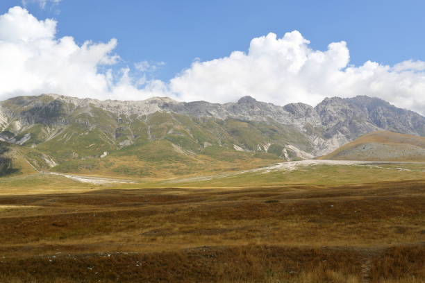 panoramiczne widoki na campo imperatore, u podnóża góry gran sasso we włoszech - apennines beauty in nature grass plateau zdjęcia i obrazy z banku zdjęć