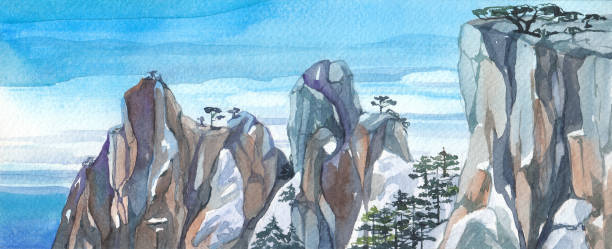 illustrations, cliparts, dessins animés et icônes de paysage de montagne sur un fond du ciel bleu dans l’aquarelle. - illustration and painting panoramic sky snow