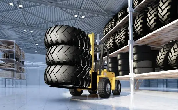 Truck in hangar with wheels ,3d render