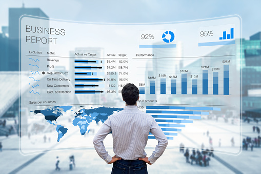 Business report with metrics, performance indicators and charts summarizing sales and profit data compared to targets and market trends. Business executive analyzing business analytics dashboard