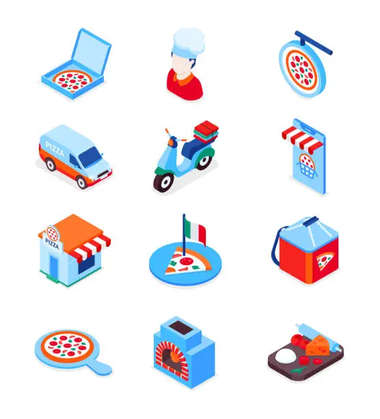 Vector illustration of Pizza delivery - modern colorful isometric icons set