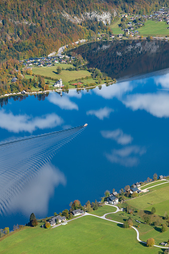 Lake Grundlsee with Ferry, Austria - Autumn Colors, Ausseerland, Salzkammergut. Converted from RAW. Nikon D850.