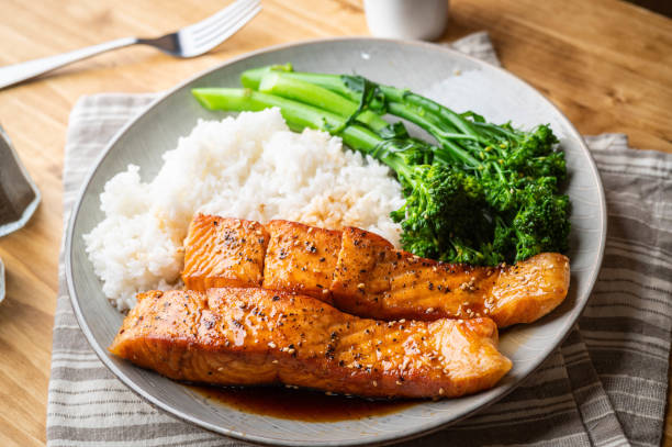 istock salmon teriyaki with rice and boiled broccolini 1281477371