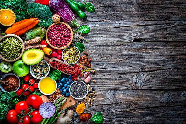 istock Healthy vegan food border. Top view with copy space 1281479795